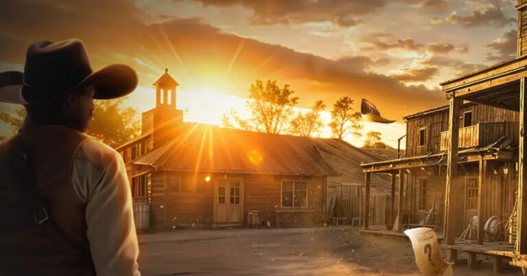 Arte da Bounty Hunters Series do GGPoker: caçador de recompensas de chapéu numa cidade de faroeste ao pôr do sol