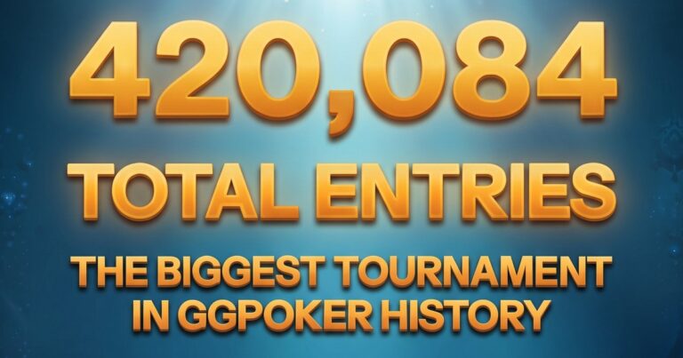 Arte do GGPoker com o número 420,084 e as frases Total entries e The biggest tournament in GGPoker history em letras douradas sobre fundo azul de fundo do mar