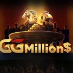 Arte oficial do GGMillion$ do GGPoker, com o logo dourado do torneio diante de um palco com cavalo, cifrão, barras de ouro e silhuetas de jogadores