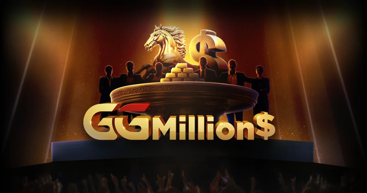 Arte oficial do GGMillion$ do GGPoker, com o logo dourado do torneio diante de um palco com cavalo, cifrão, barras de ouro e silhuetas de jogadores
